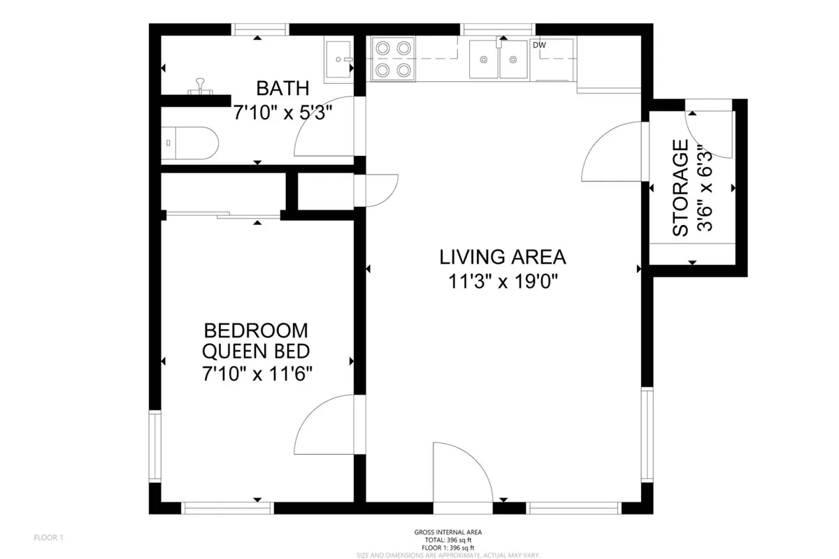 A wide-angle interior view shows the open-plan living area, connecting seamlessly to the bedroom and bathroom. The space features practical furnishings for relaxing and dining, with an efficient use of storage and a homey feel that emphasizes comfort and functionality.